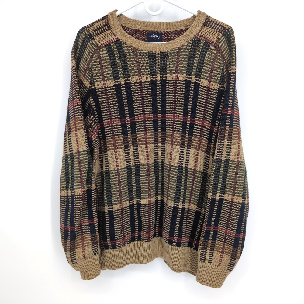 Noah Sweater Brown Plaid Organic Cotton Crewneck Mens Large